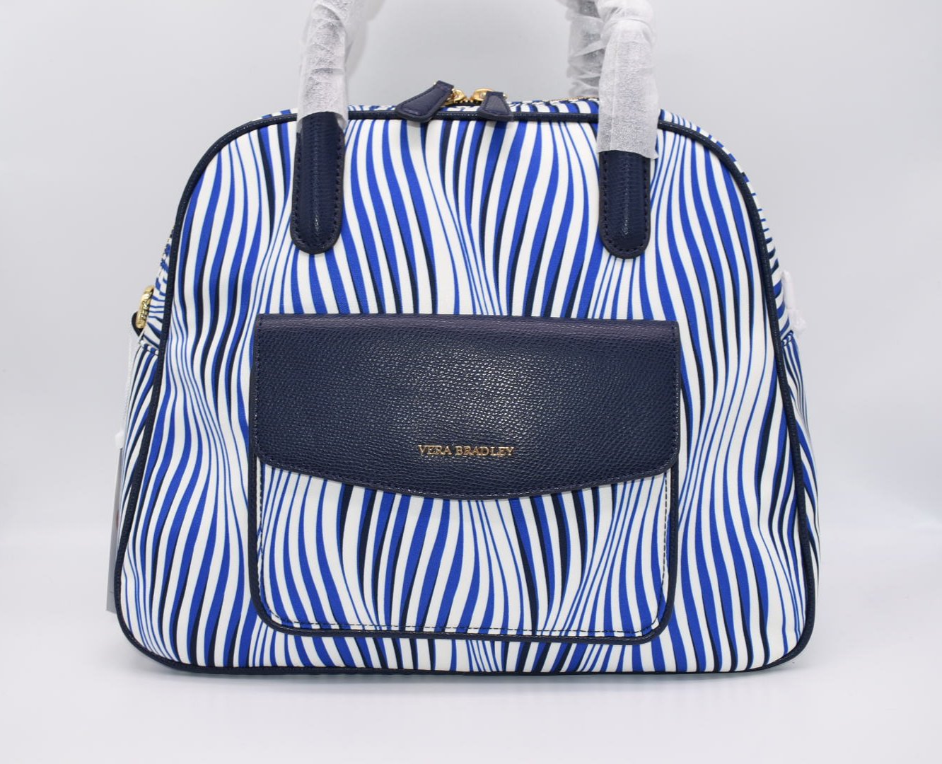 Vera Bradley Bowler Satchel Bag in "Wavy Stripe" with Navy Trim