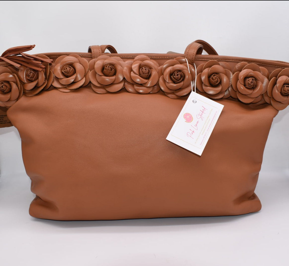 Clever Carriage Company Handcrafted Leather Rose Tote Bag in Tan