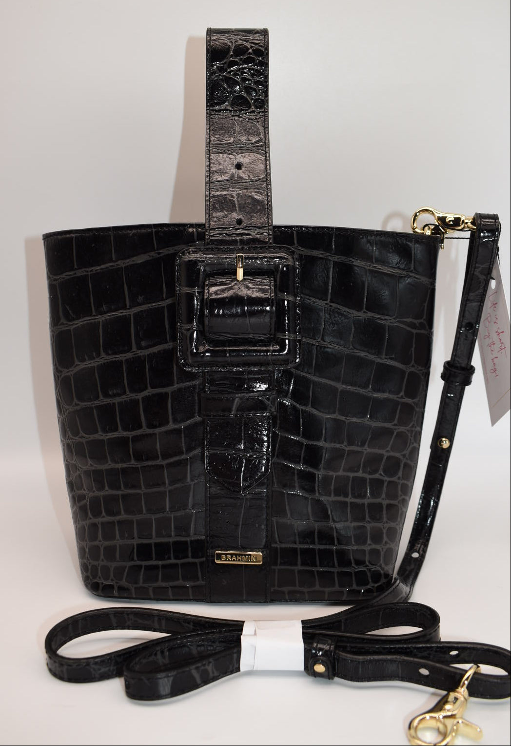 Brahmin Faith Top Handle Leather Convertible Bag in "Black Veil" Pattern