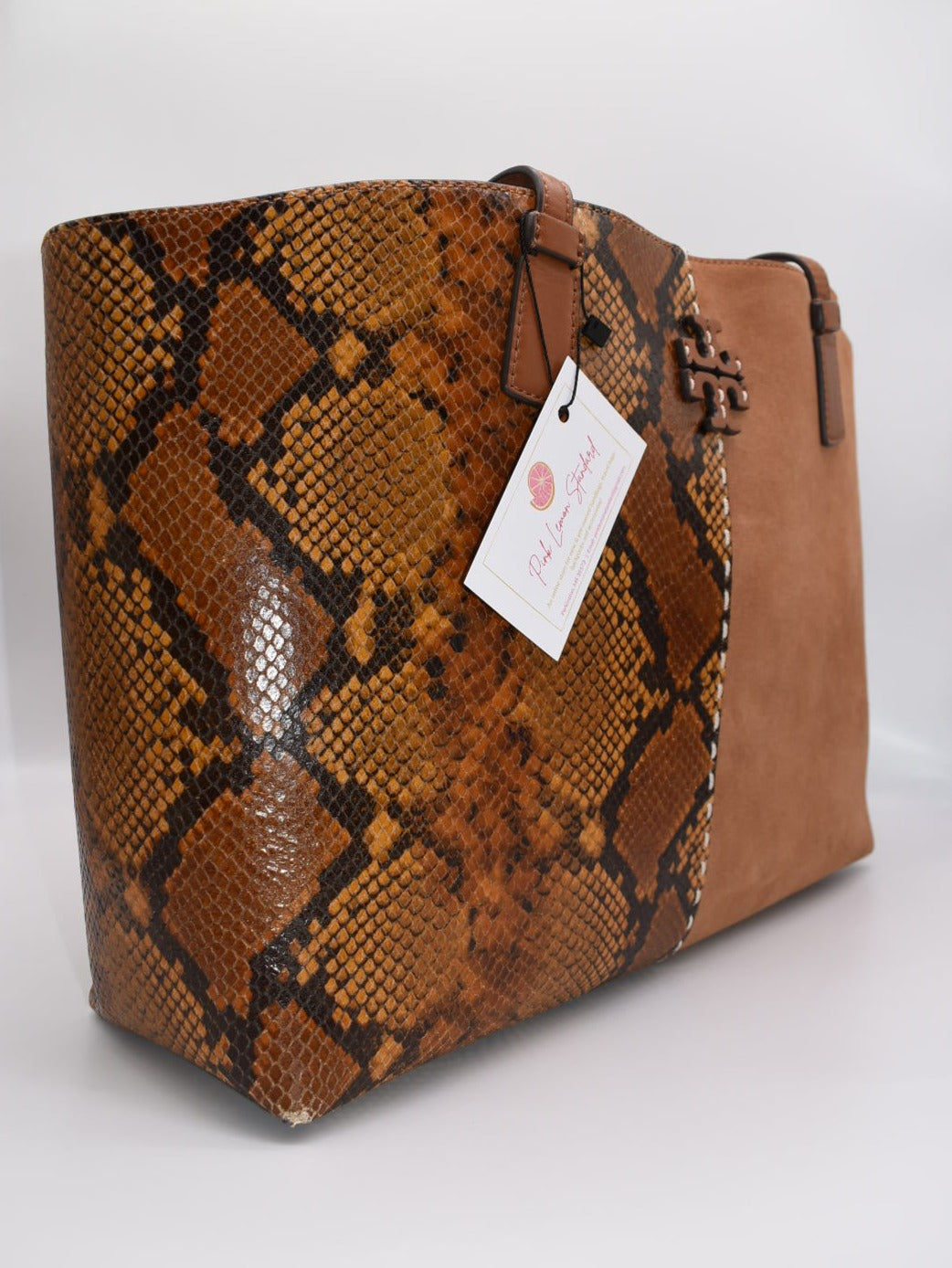 Tory Burch  McGraw Snake-Embossed Leather & Suede Tote in Dark Caramel