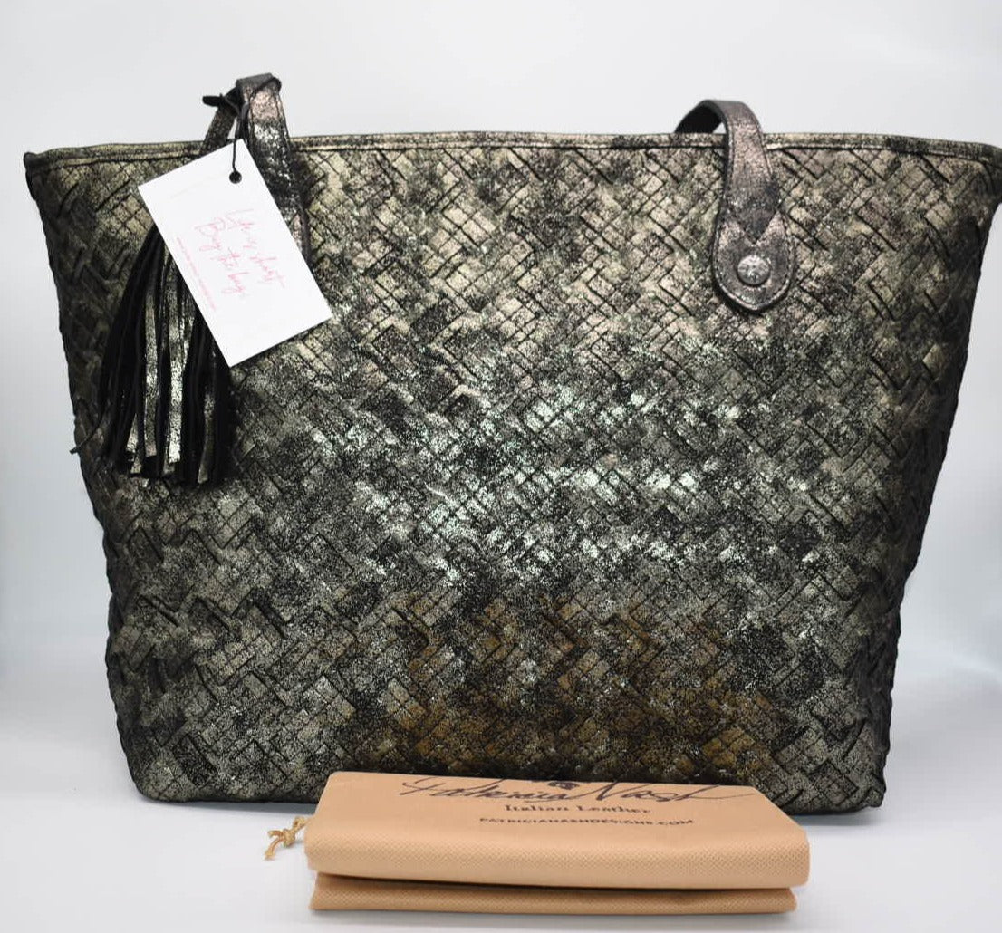 Patricia Nash Large Tote Bag in Woven Metallic Gold Black – Pink