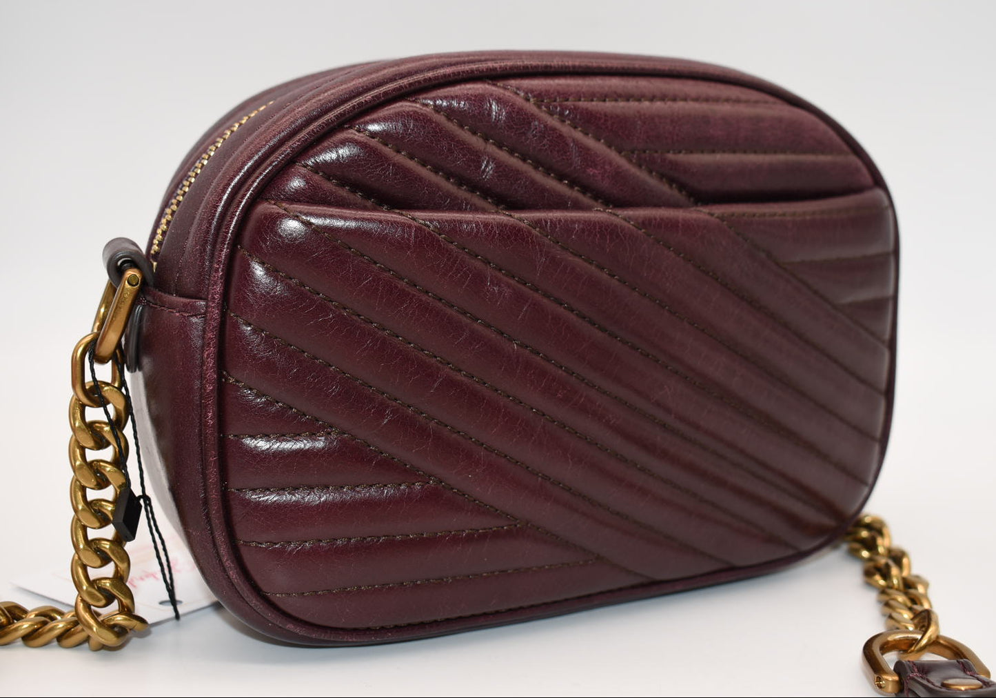 Tory Burch Kira Chevron Small Camera Bag in Fig Burgundy Glazed Leather