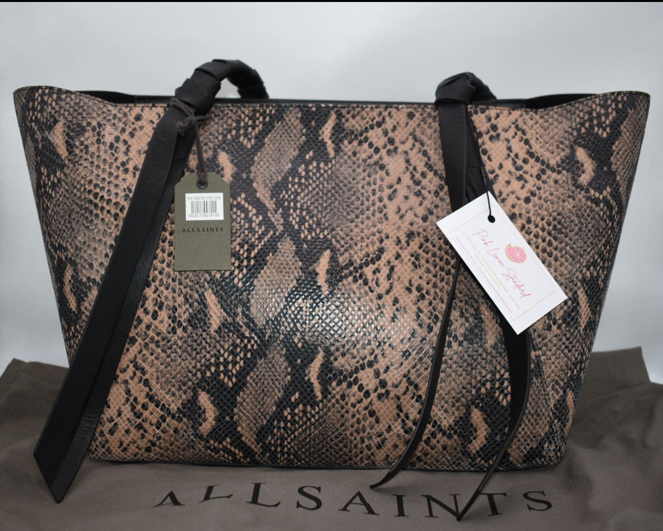 AllSaints Small Kepi East/West Leather Tote Bag in Snake Pink