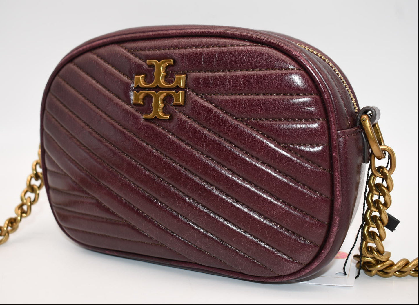 Tory Burch Kira Chevron Small Camera Bag in Fig Burgundy Glazed Leather