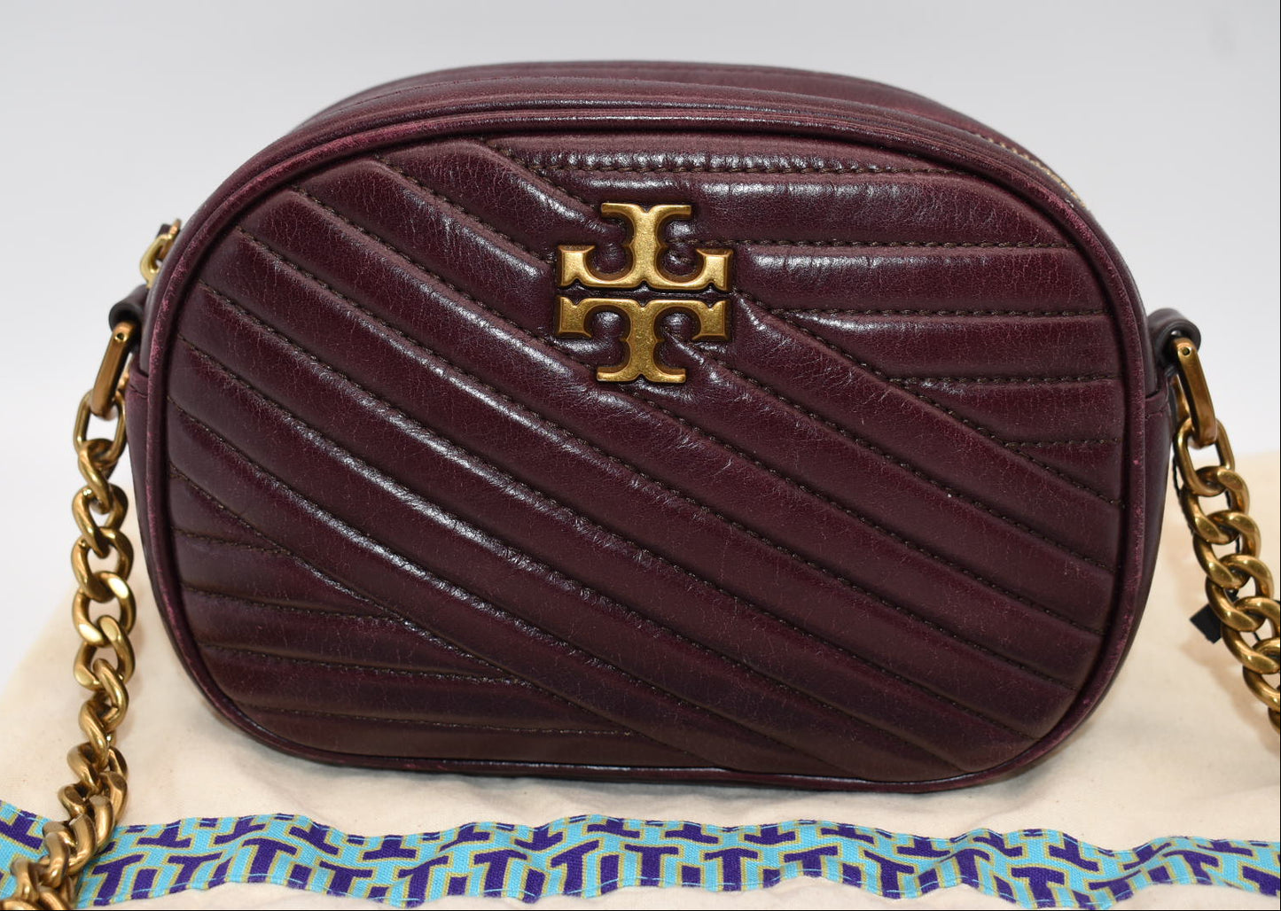 Tory Burch Kira Chevron Small Camera Bag in Fig Burgundy Glazed Leather