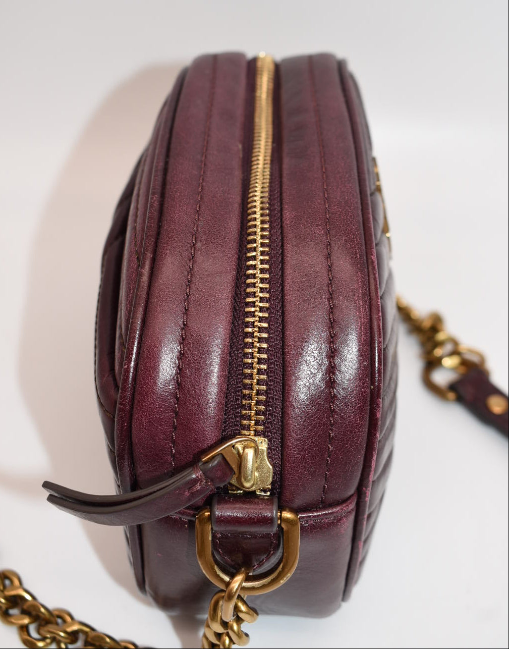 Tory Burch Kira Chevron Small Camera Bag in Fig Burgundy Glazed Leather