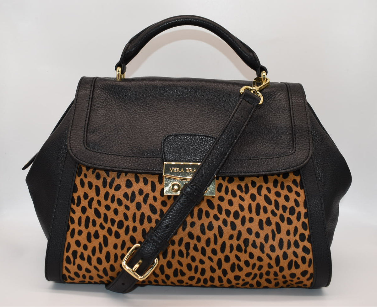 Vera Bradley Large Stella Satchel Bag in Leather & Calf Hair - Cheetah Black