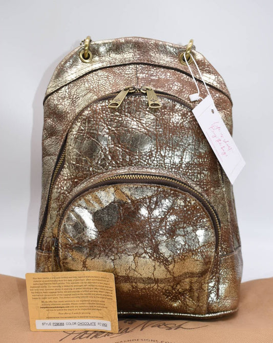 Patricia Nash Alencon Small Backpack in Distressed Metallic Leather Chocolate