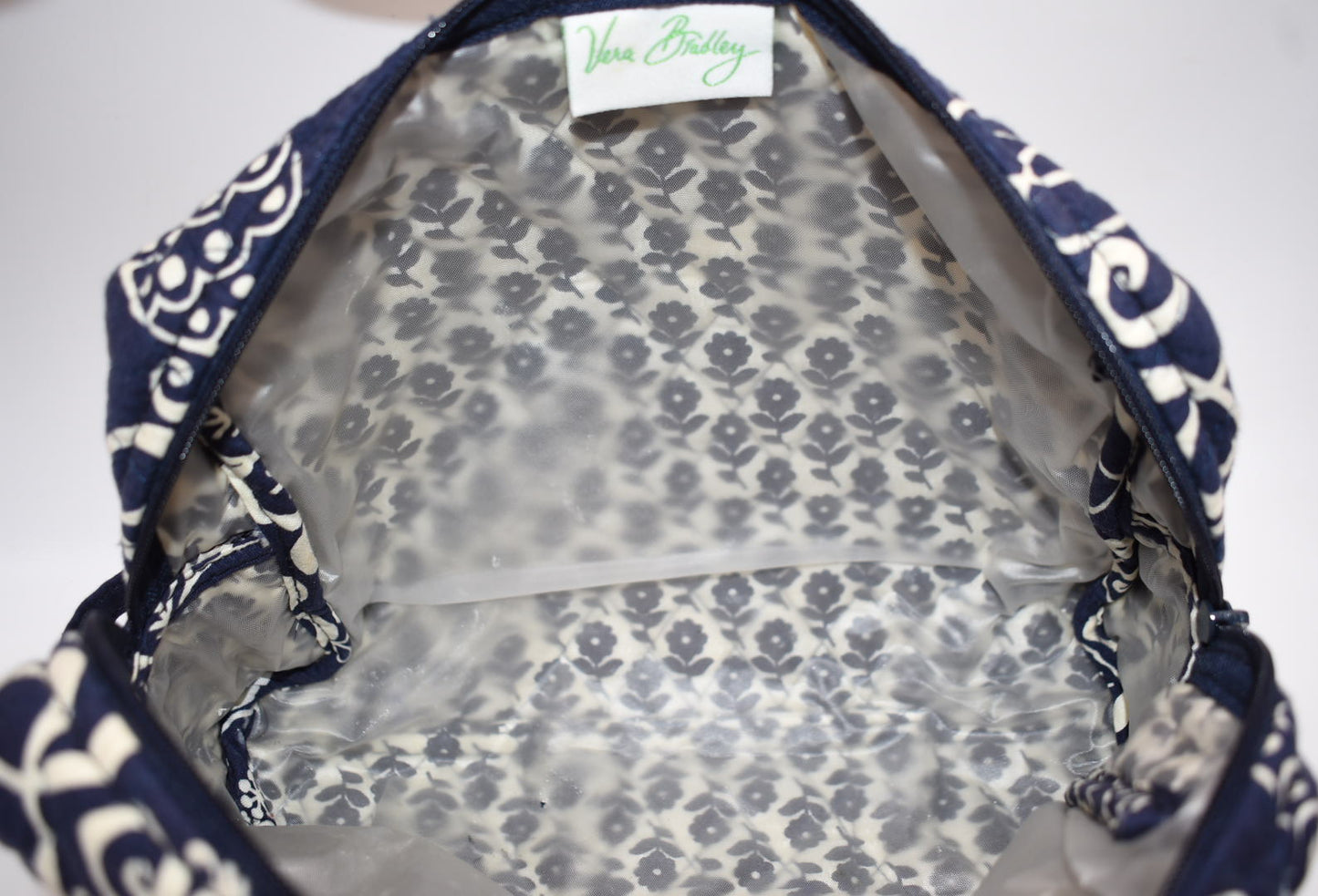 Vera Bradley Large Cosmetic Travel Bag in "Twirly Birds - Navy" Pattern