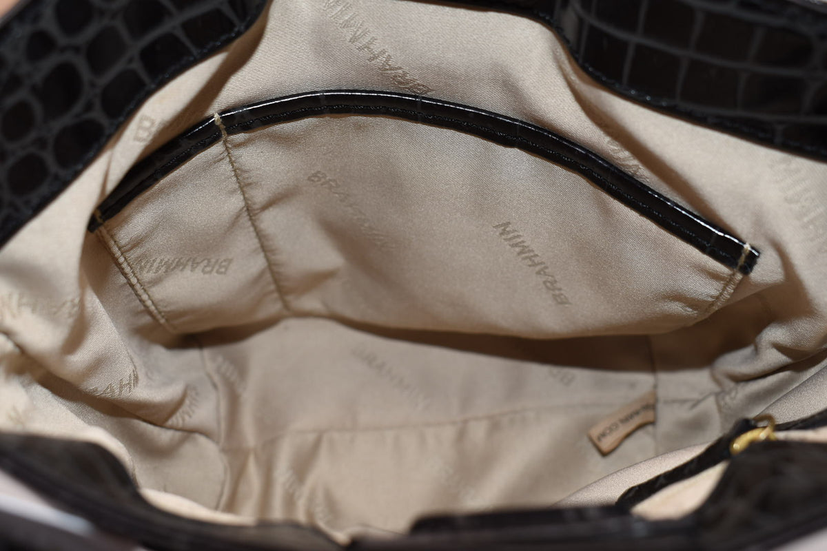Brahmin Faith Top Handle Leather Convertible Bag in "Black Veil" Pattern