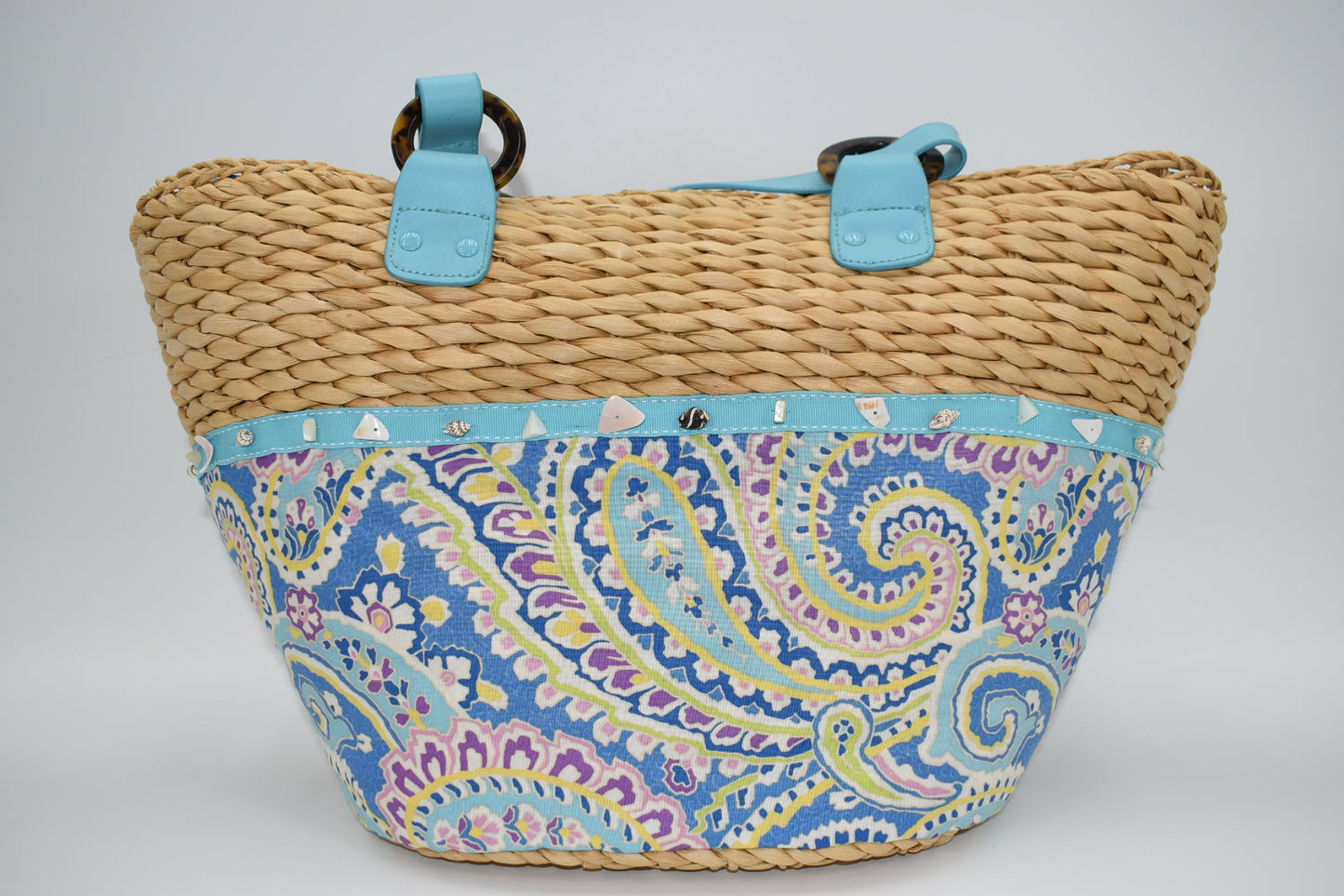 Vera Bradley "Capri Blue" Large Straw Tote Bag with Sea Shell Trim