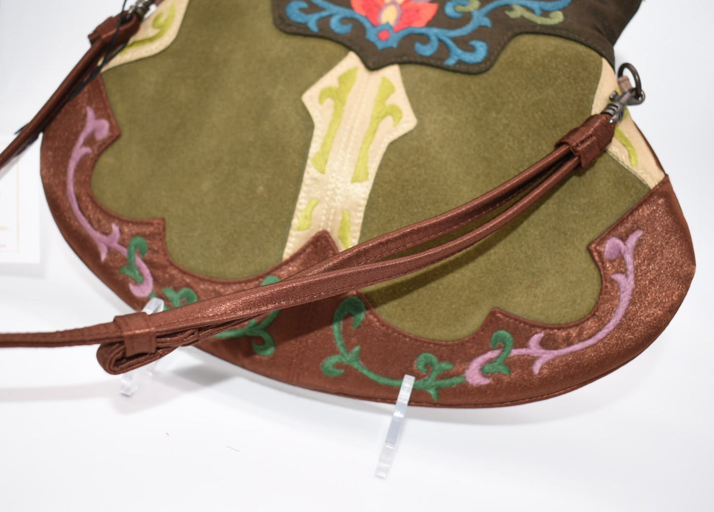 Oovoo Hand Embroidered Suede & Satin Crossbody / Shoulder Bag