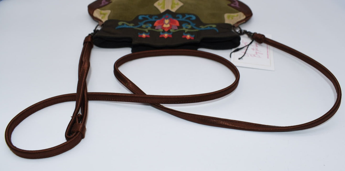 Oovoo Hand Embroidered Suede & Satin Crossbody / Shoulder Bag