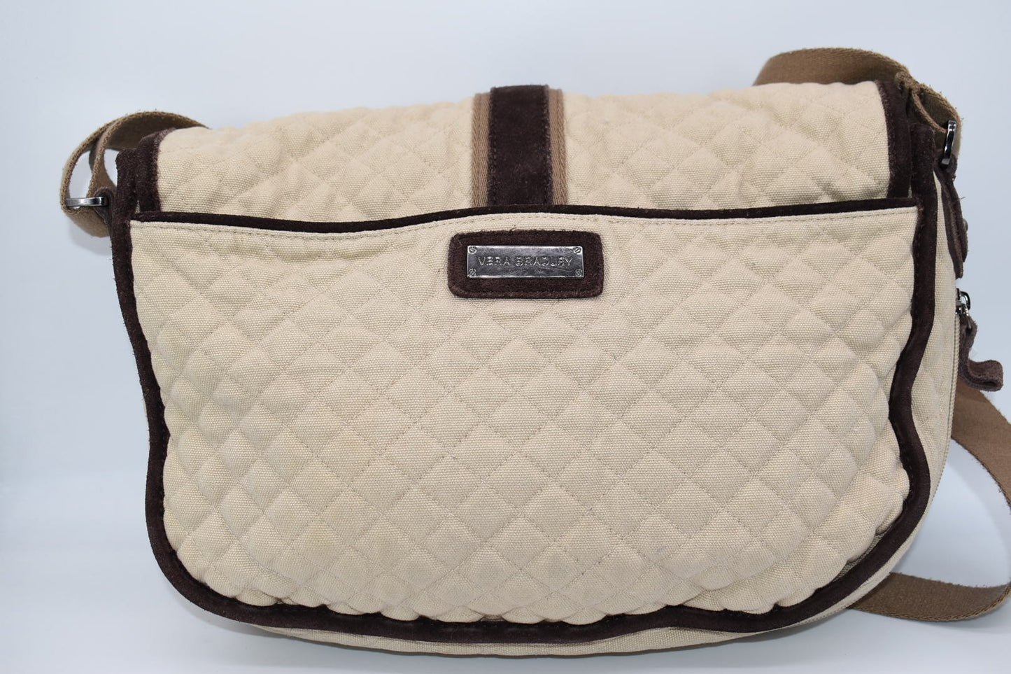 Vera Bradley Side Saddle Expandable Crossbody Bag in Beige with Suede Trim