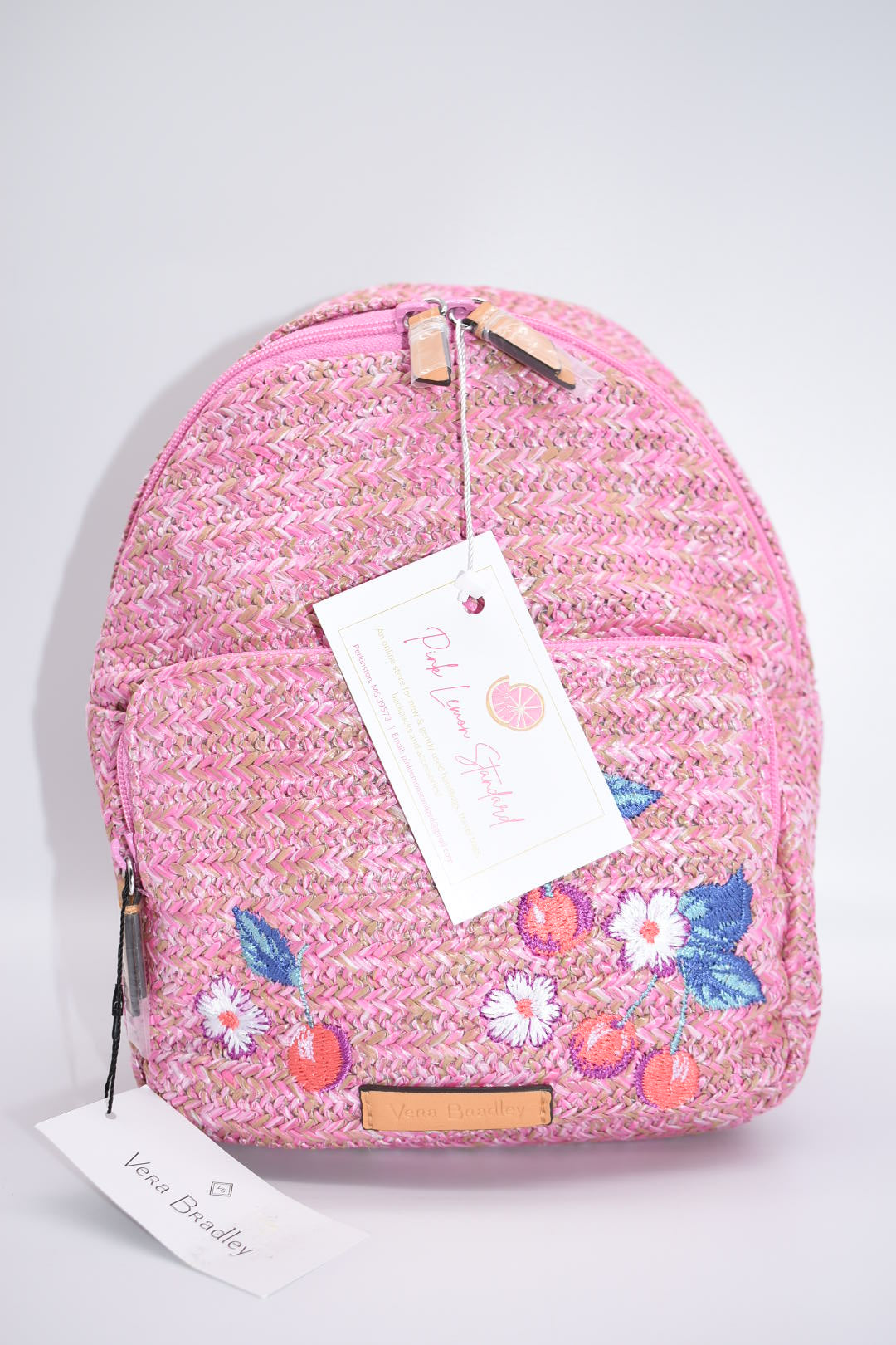 Vera Bradley Pink Embroidered Cherry Straw Backpack