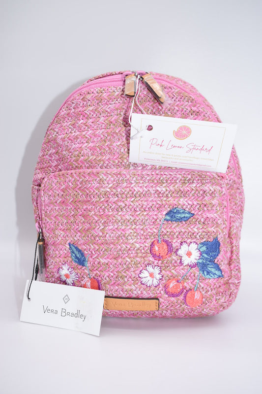 Vera Bradley Pink Embroidered Cherry Straw Backpack